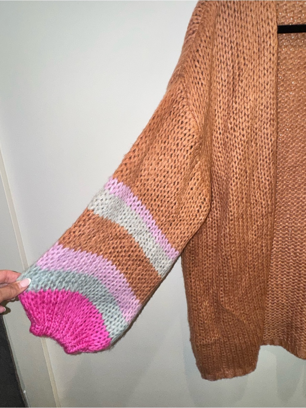 Open-Front Rust Cardigan with Pink Stripe Sleeve Accents - Picture 4 of 9
